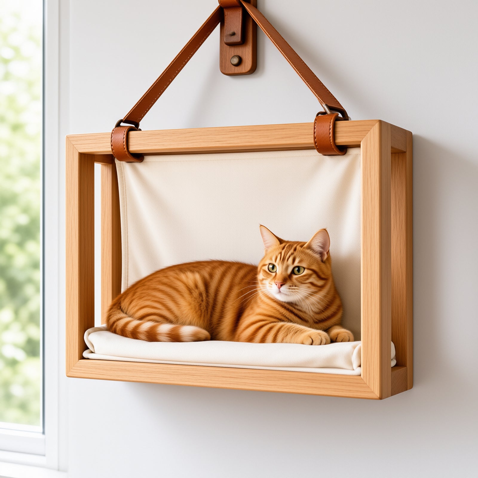 Solid Wood Window-Mounted Cat Bed with Canvas Sling — main image