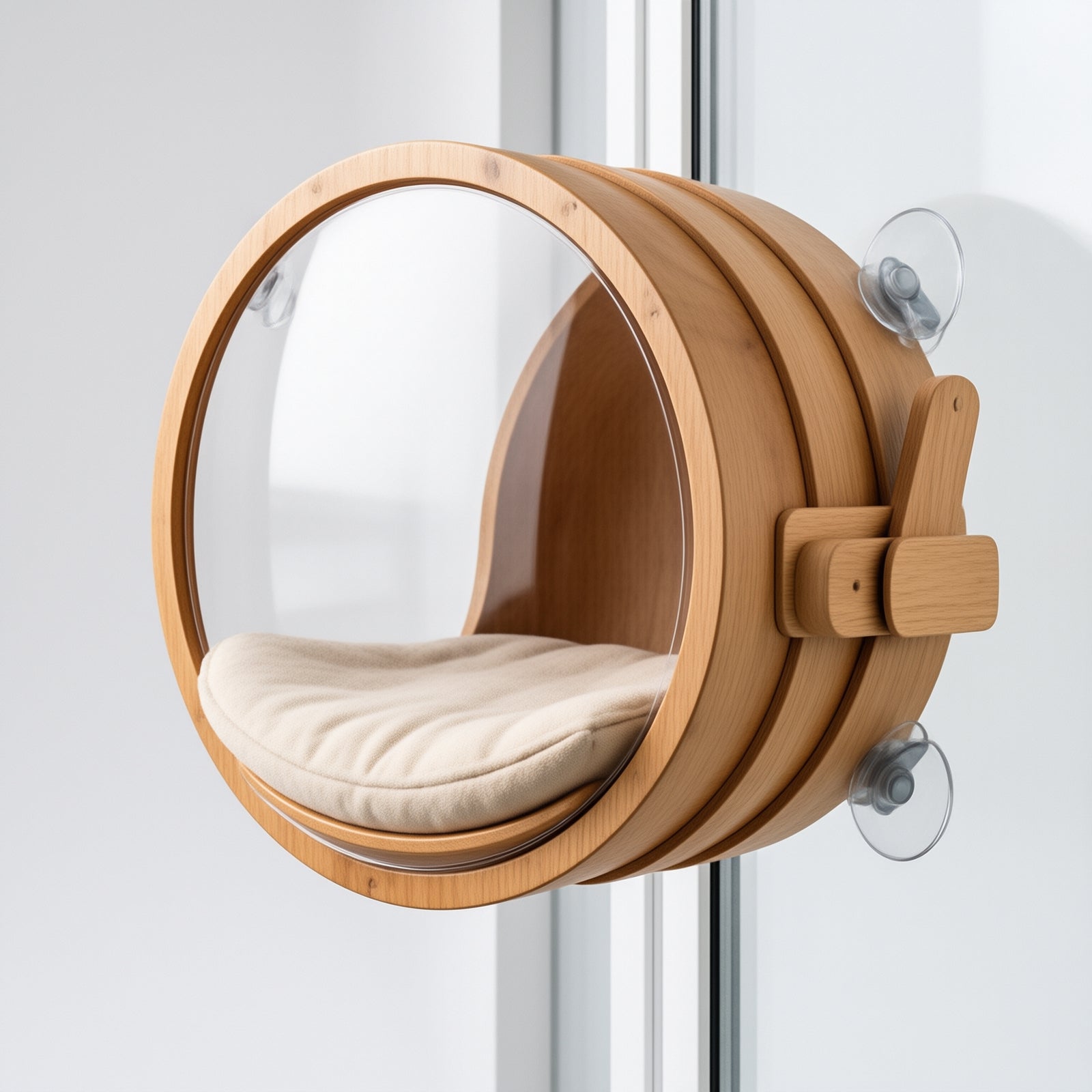 Wooden Window Cat Pod with Clear Acrylic Bubble — lifestyle image