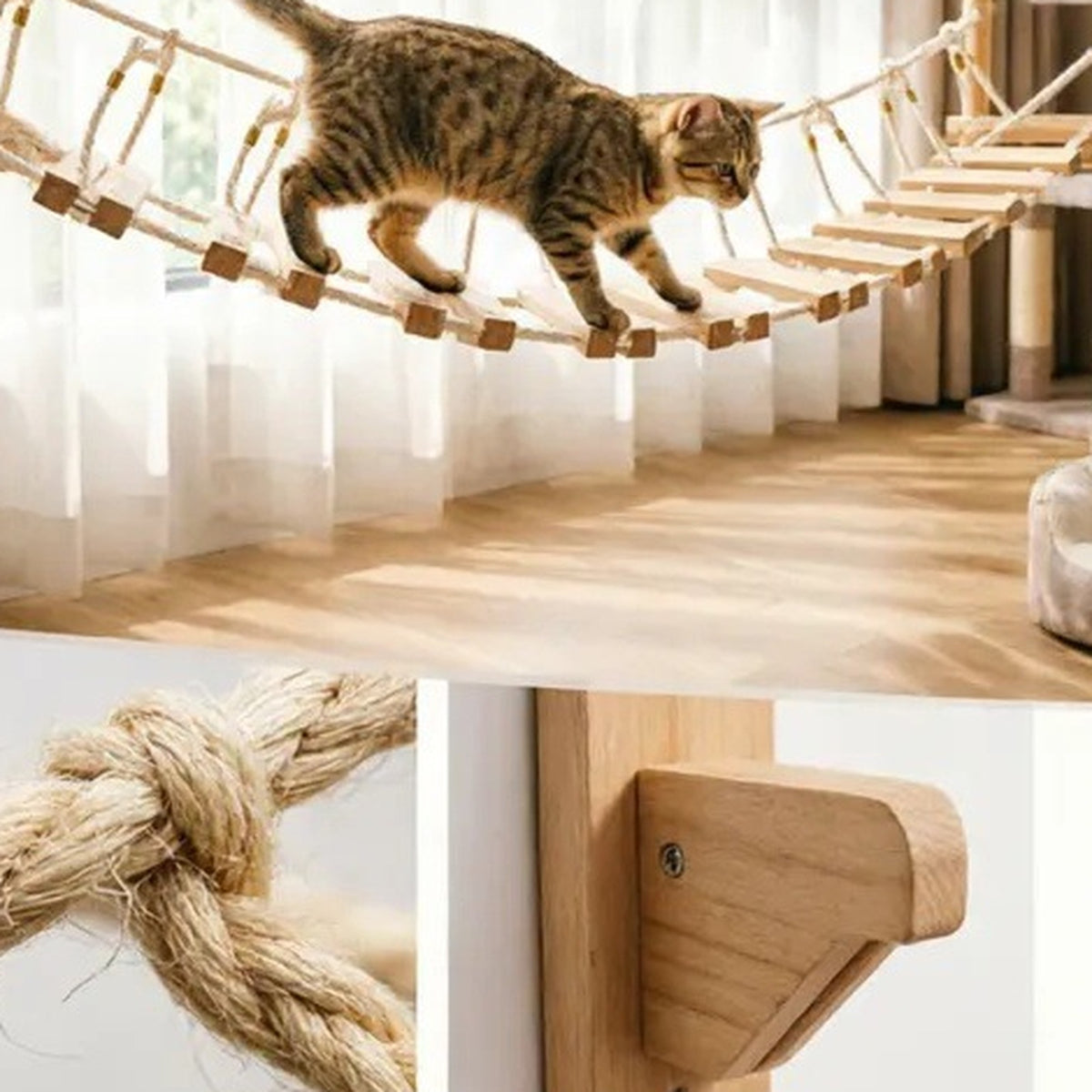 Wall-Mounted Solid Wood Cat Bridge with Rope Rails — close-up detail