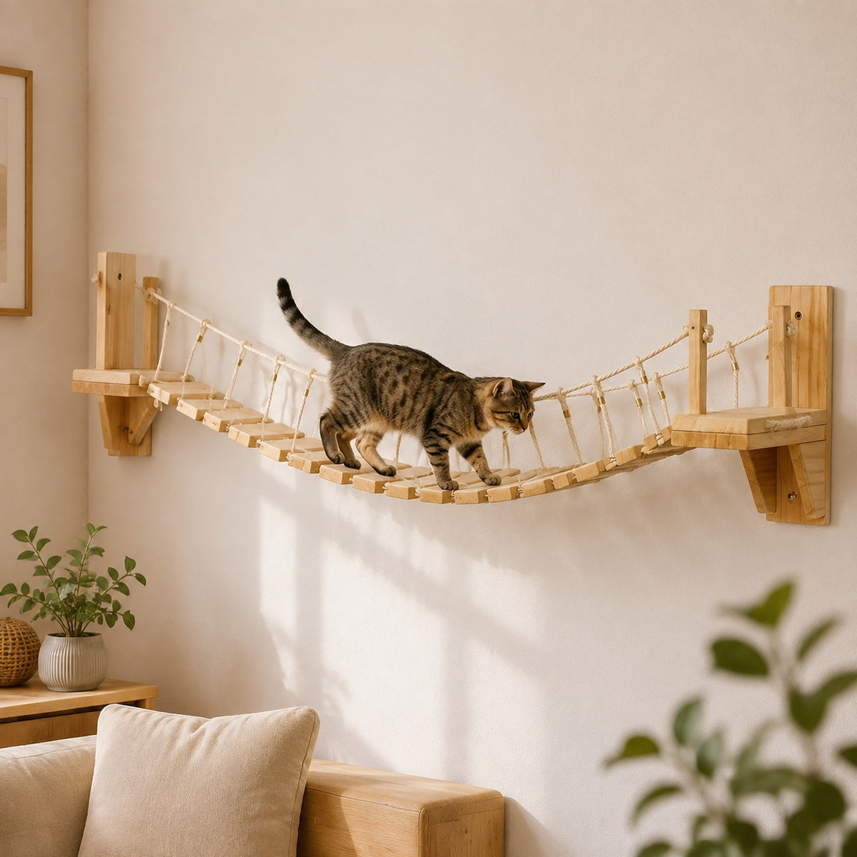 Wall-Mounted Solid Wood Cat Bridge with Rope Rails — lifestyle scene