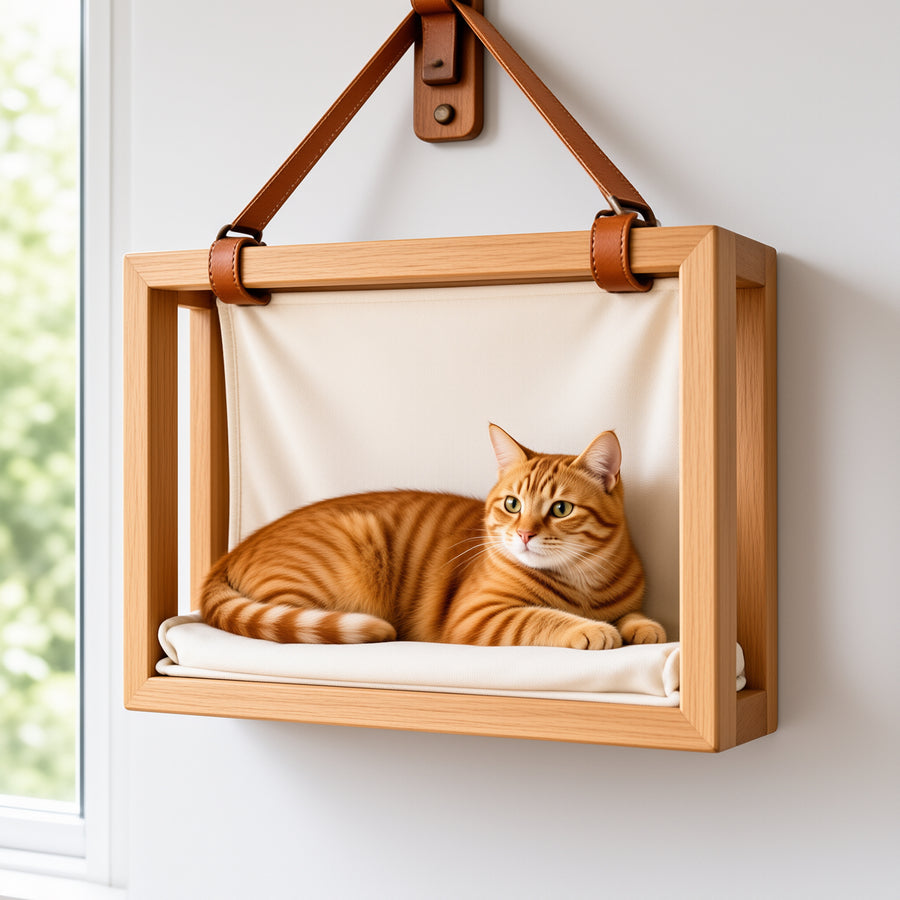 Solid Wood Window-Mounted Cat Bed with Canvas Sling — main image