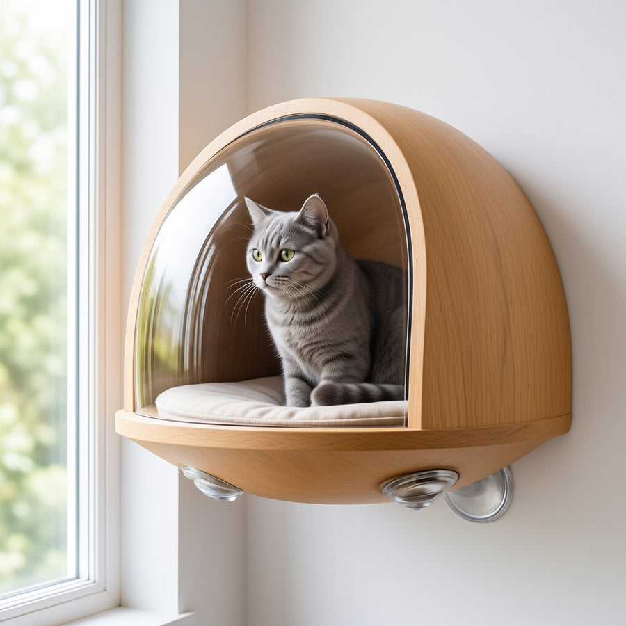 Wooden Window Cat Pod with Clear Acrylic Bubble — main image