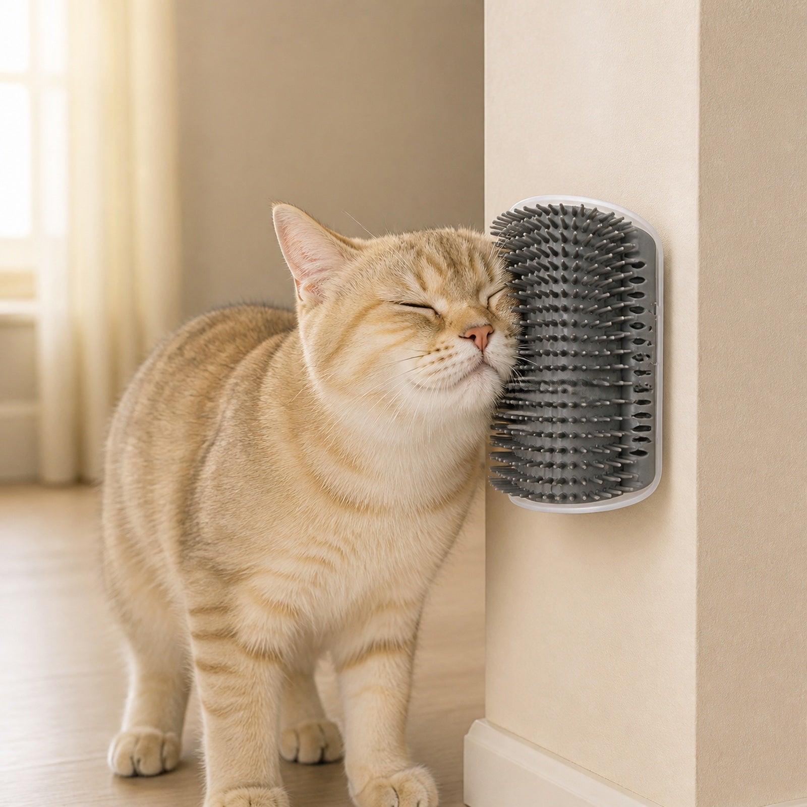 Wall-Mounted Self-Grooming Cat Brush with Removable Bristle Pad — lifestyle scene