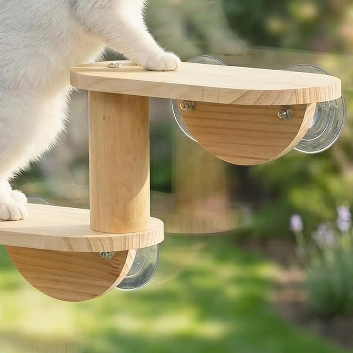Three-Tier Wooden Window Cat Perch with Suction Cups — close-up detail