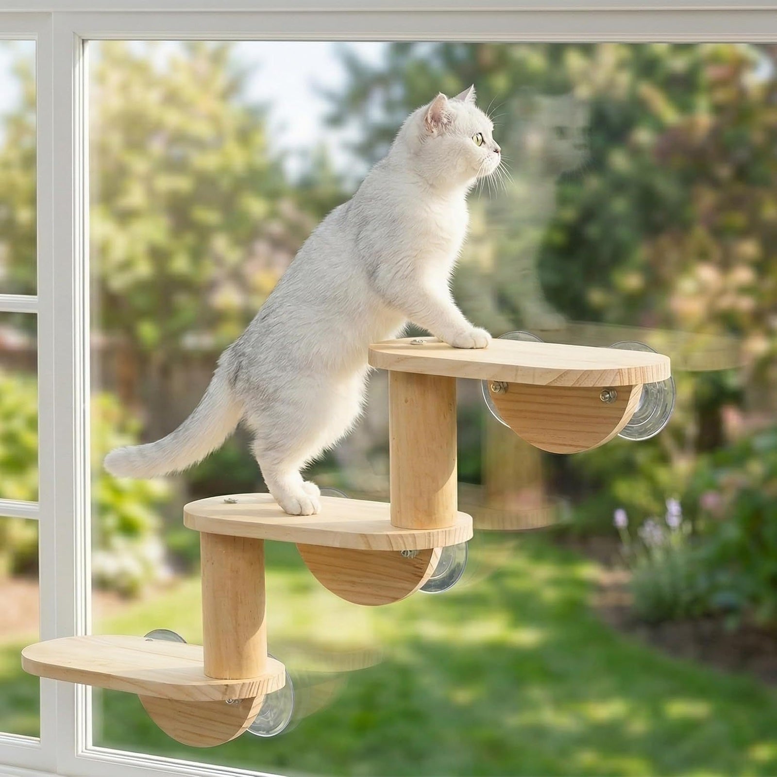 Three-Tier Wooden Window Cat Perch with Suction Cups — lifestyle scene